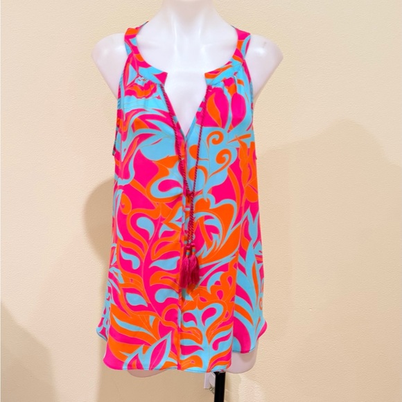 Rose & Olive Sleeveless Tassel Tie Neck Multicolor Floral Print High Low NWT XL - Picture 2 of 8